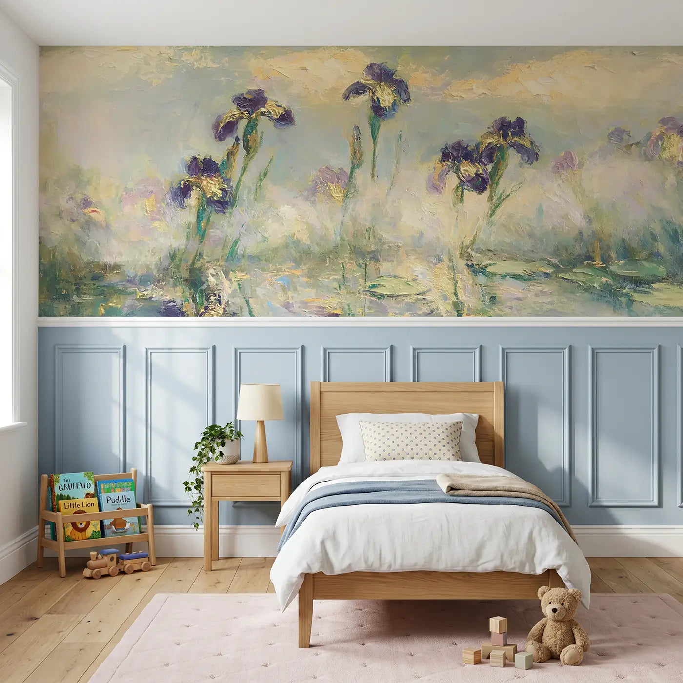 Painted Landscape iris pond misty morning wainscoting wallpaper for nursery by Whimsy Tots