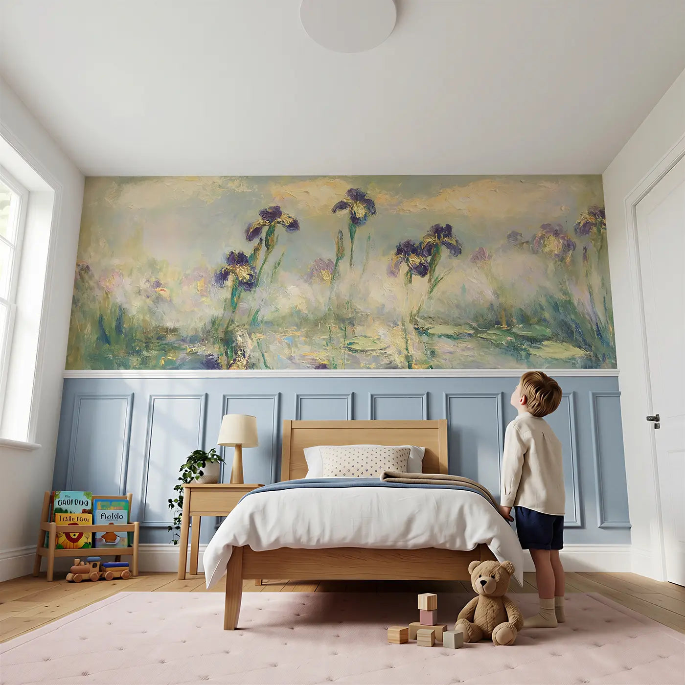 Child reading near Iris Pond Misty Morning Wainscoting Wallpaper by Whimsy Tots