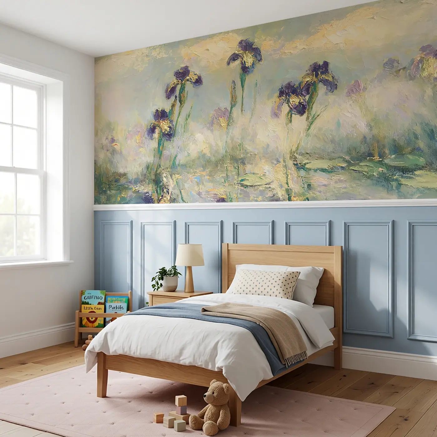 Iris Pond Misty Morning Wainscoting Wallpaper styled in a kids bedroom by Whimsy Tots