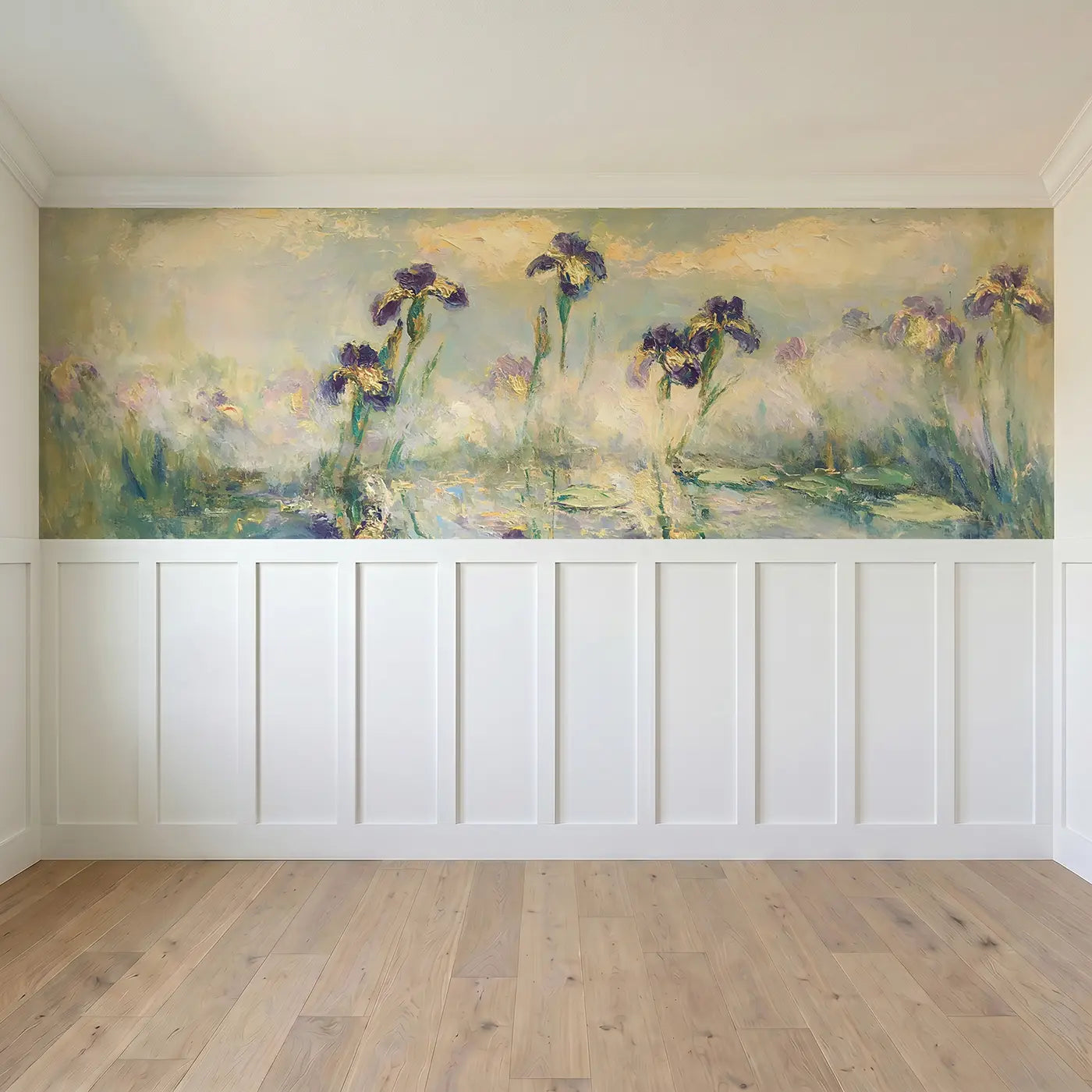 Full panel view of Iris Pond Misty Morning Wainscoting Wallpaper by Whimsy Tots
