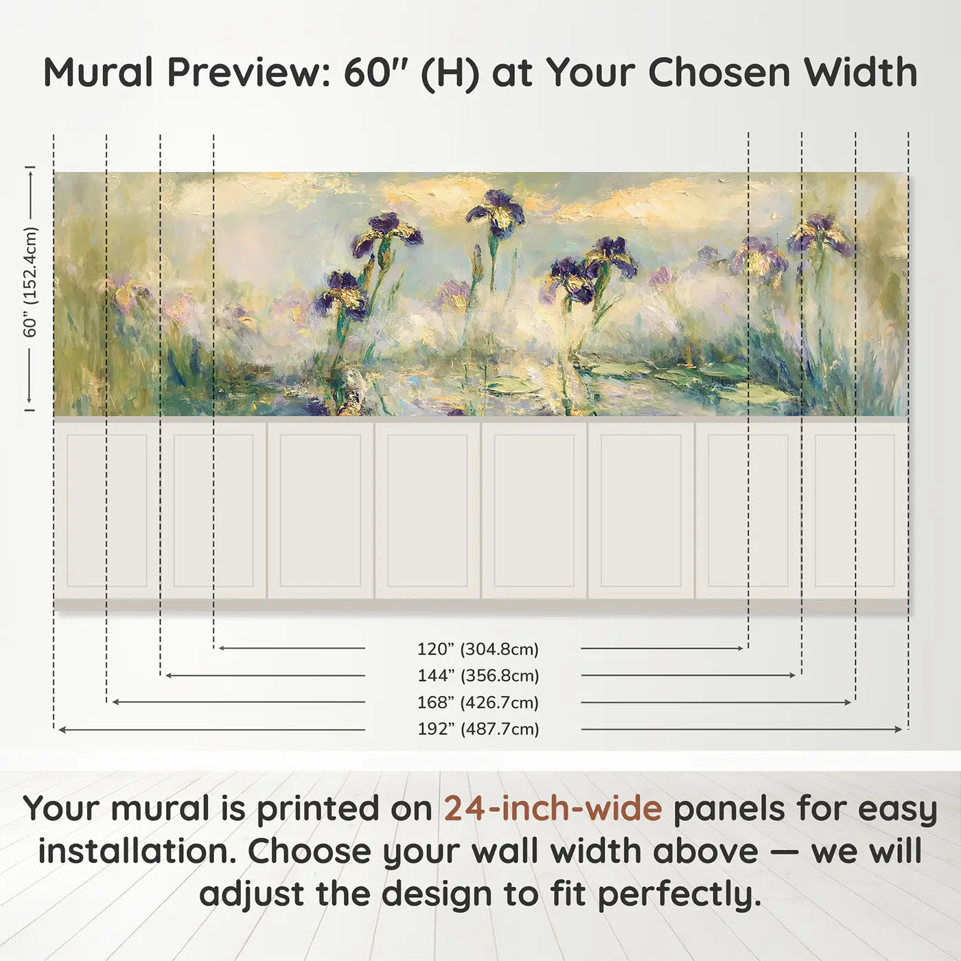 Panel dimensions for Iris Pond Misty Morning Wainscoting Wallpaper by Whimsy Tots