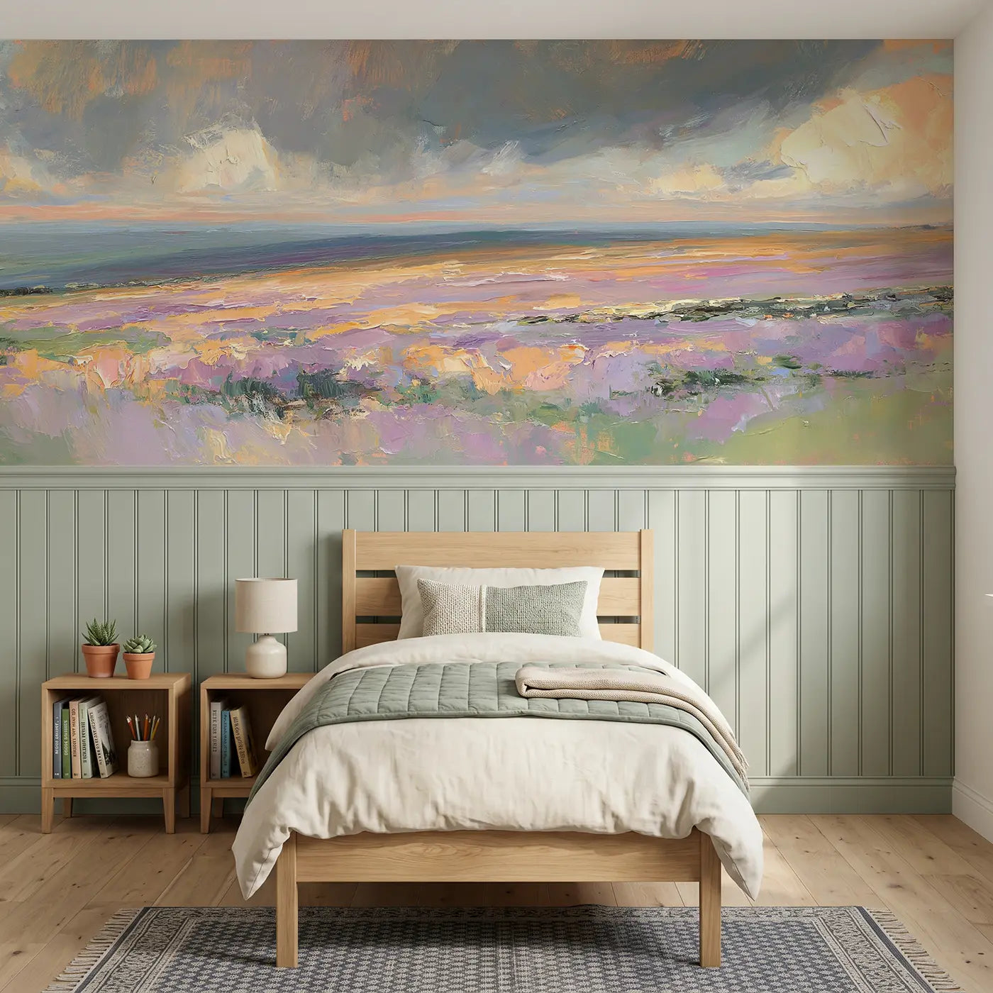 Painted Landscape heather moorland autumn wainscoting wallpaper for bedroom by Whimsy Tots