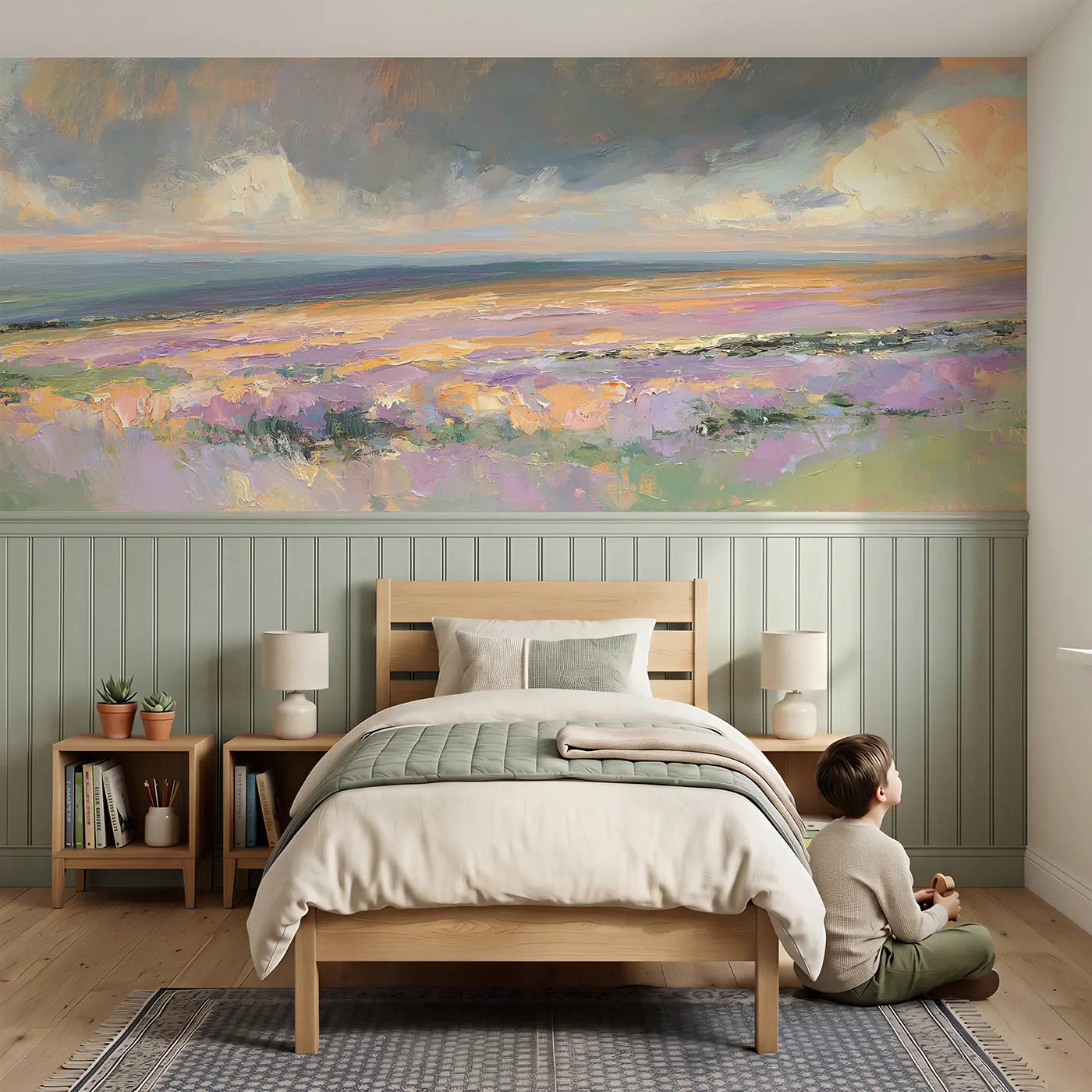 Child reading near Heather Moorland Autumn Wainscoting Wallpaper by Whimsy Tots