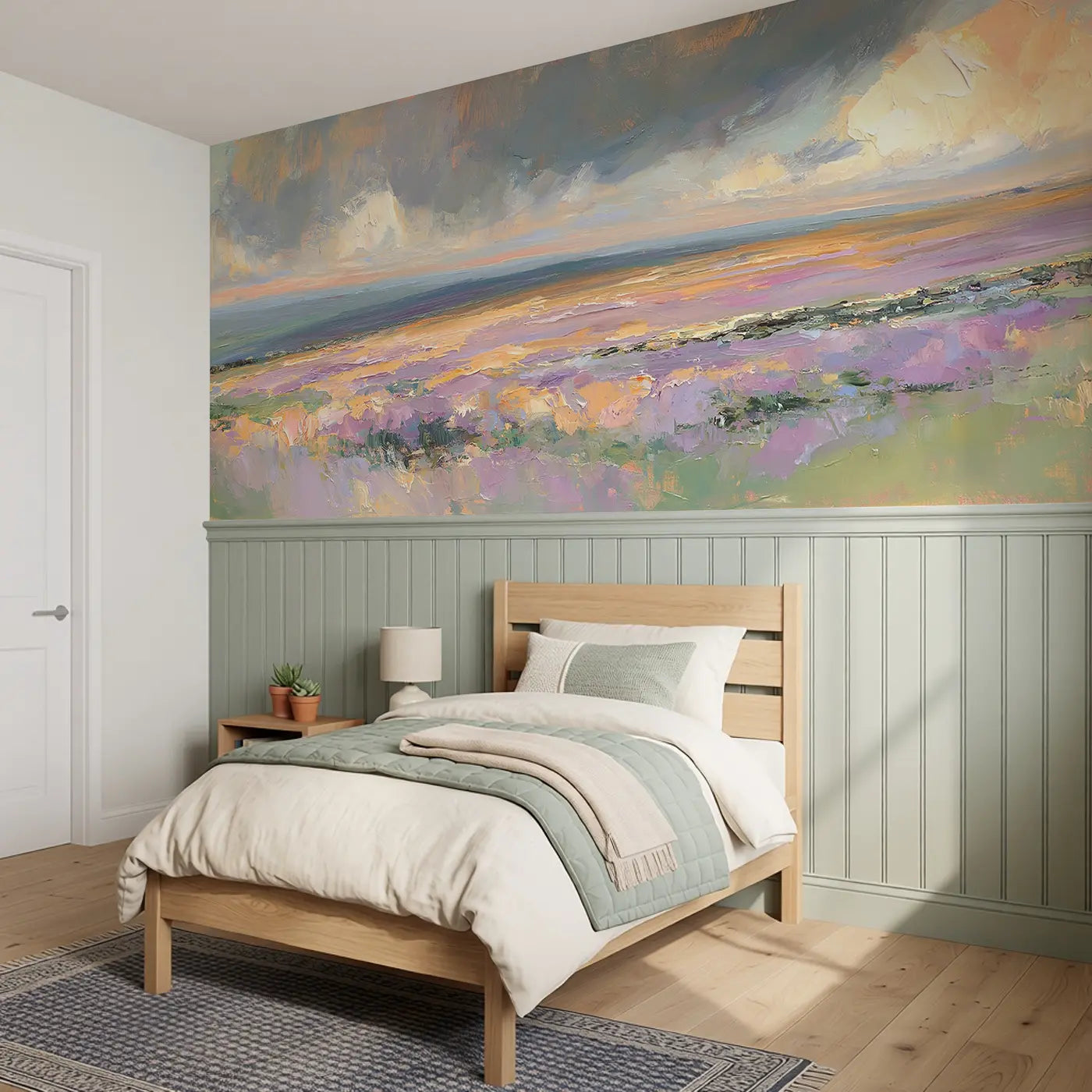 Heather Moorland Autumn Wainscoting Wallpaper styled in a kids bedroom by Whimsy Tots