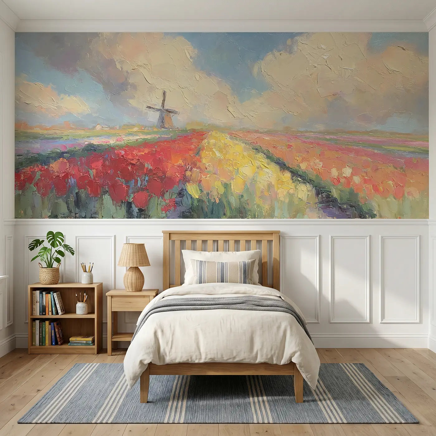 Painted Landscape tulip field Dutch windmill wainscoting wallpaper for bedroom by Whimsy Tots