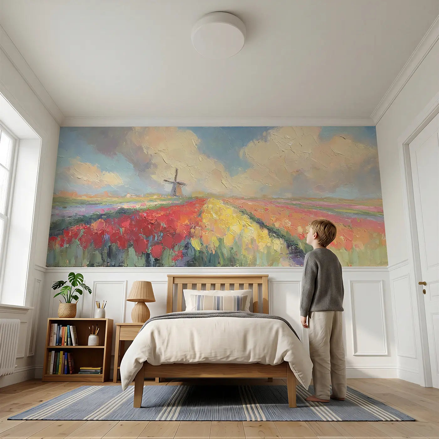 Child reading near Tulip Field Dutch Windmill Wainscoting Wallpaper by Whimsy Tots
