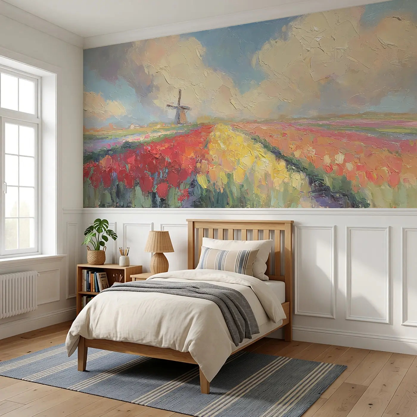 Tulip Field Dutch Windmill Wainscoting Wallpaper styled in a kids bedroom by Whimsy Tots