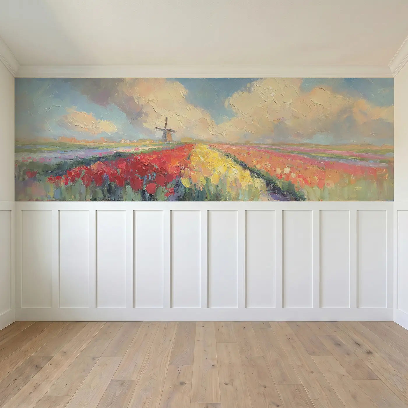 Full panel view of Tulip Field Dutch Windmill Wainscoting Wallpaper by Whimsy Tots