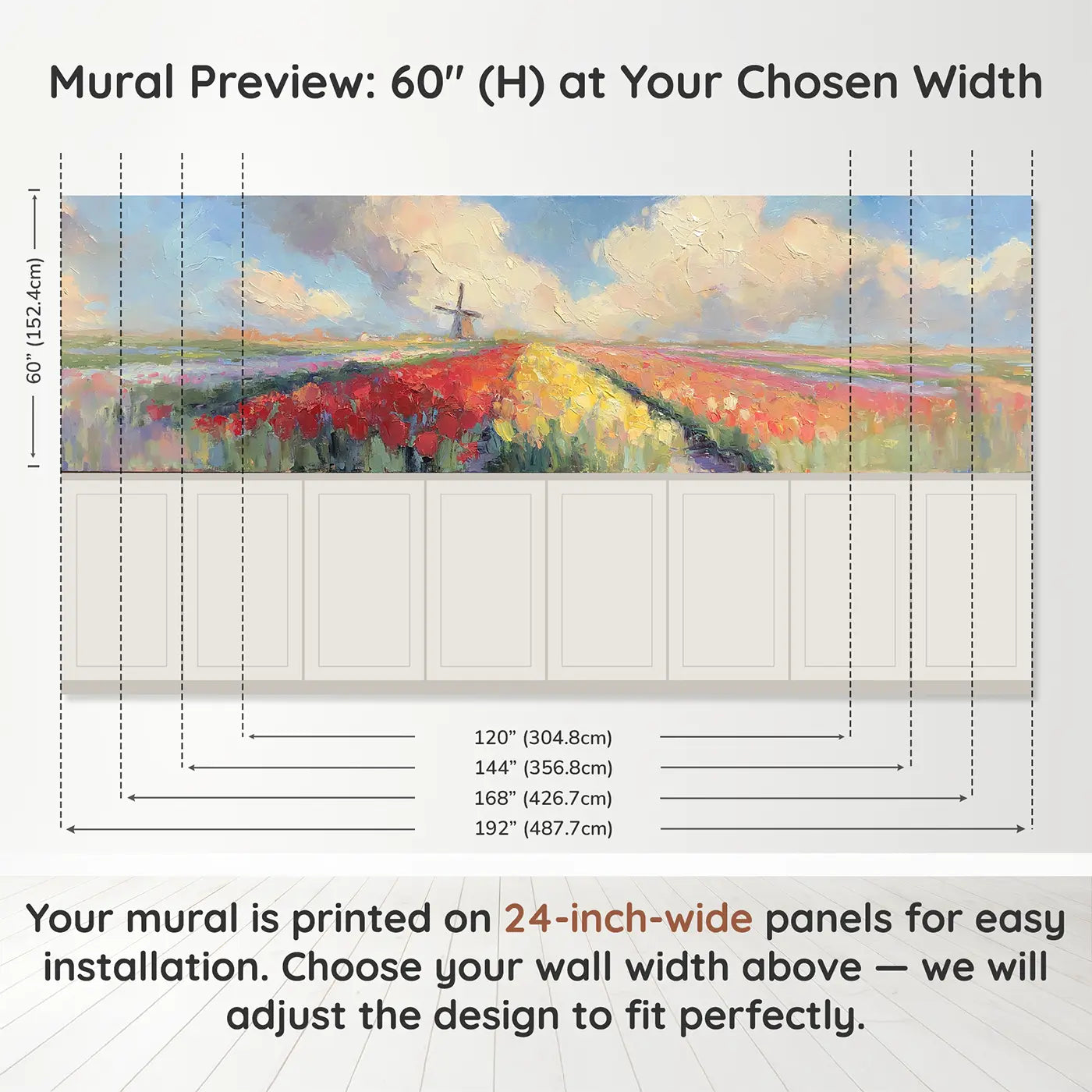 Panel dimensions for Tulip Field Dutch Windmill Wainscoting Wallpaper by Whimsy Tots