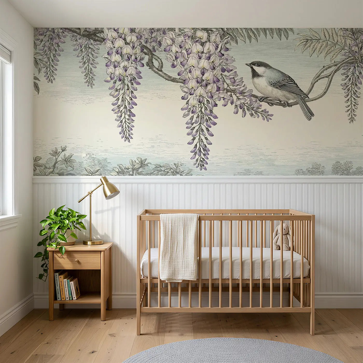 Botanical Elegance trailing wisteria songbird wainscoting wallpaper for nursery by Whimsy Tots