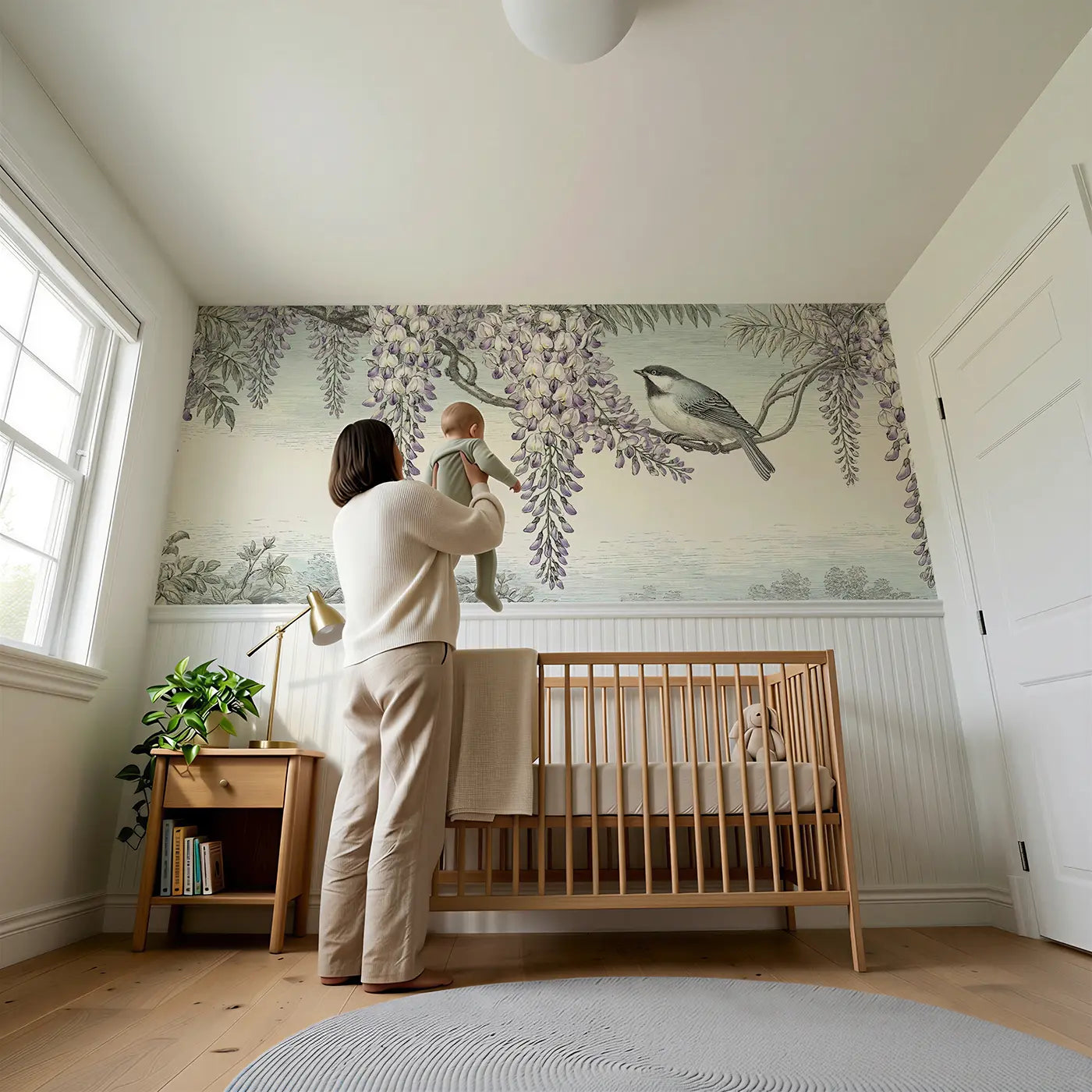 Child reading near Trailing Wisteria Songbird Wainscoting Wallpaper by Whimsy Tots