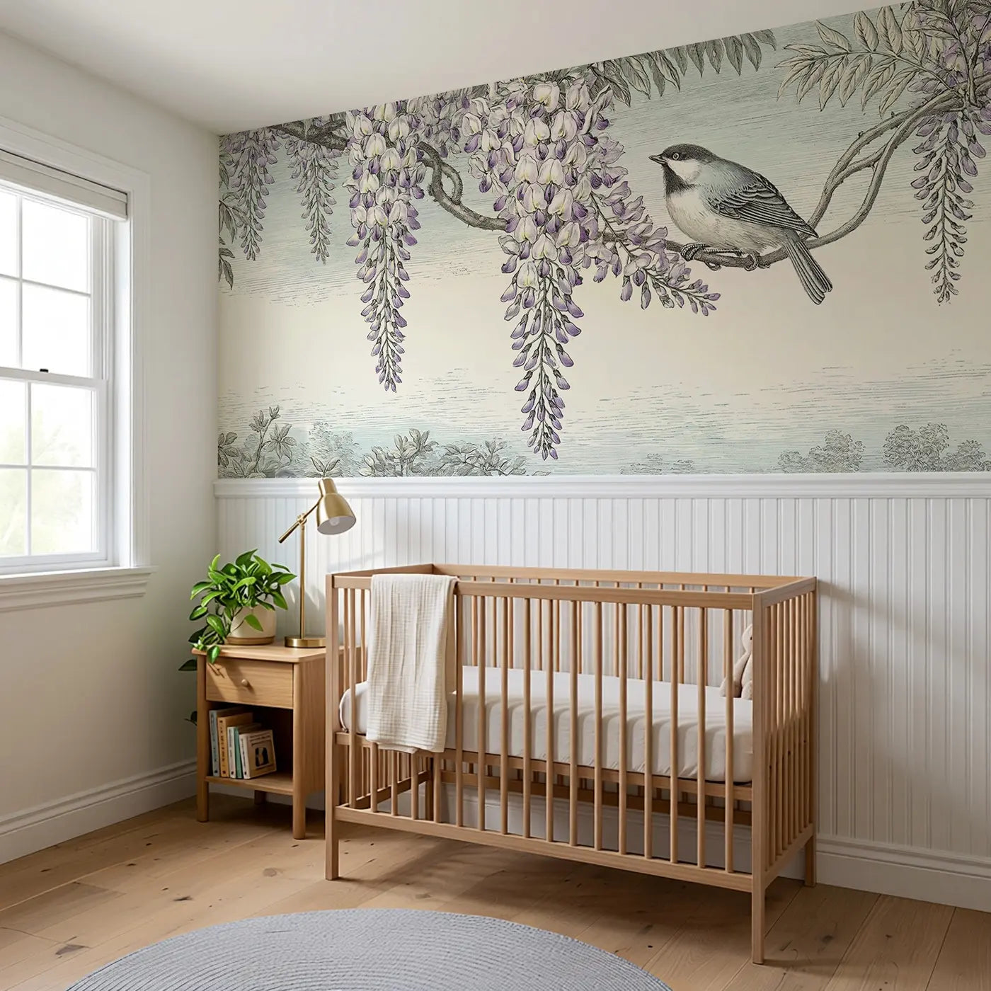 Trailing Wisteria Songbird Wainscoting Wallpaper styled in a kids bedroom by Whimsy Tots