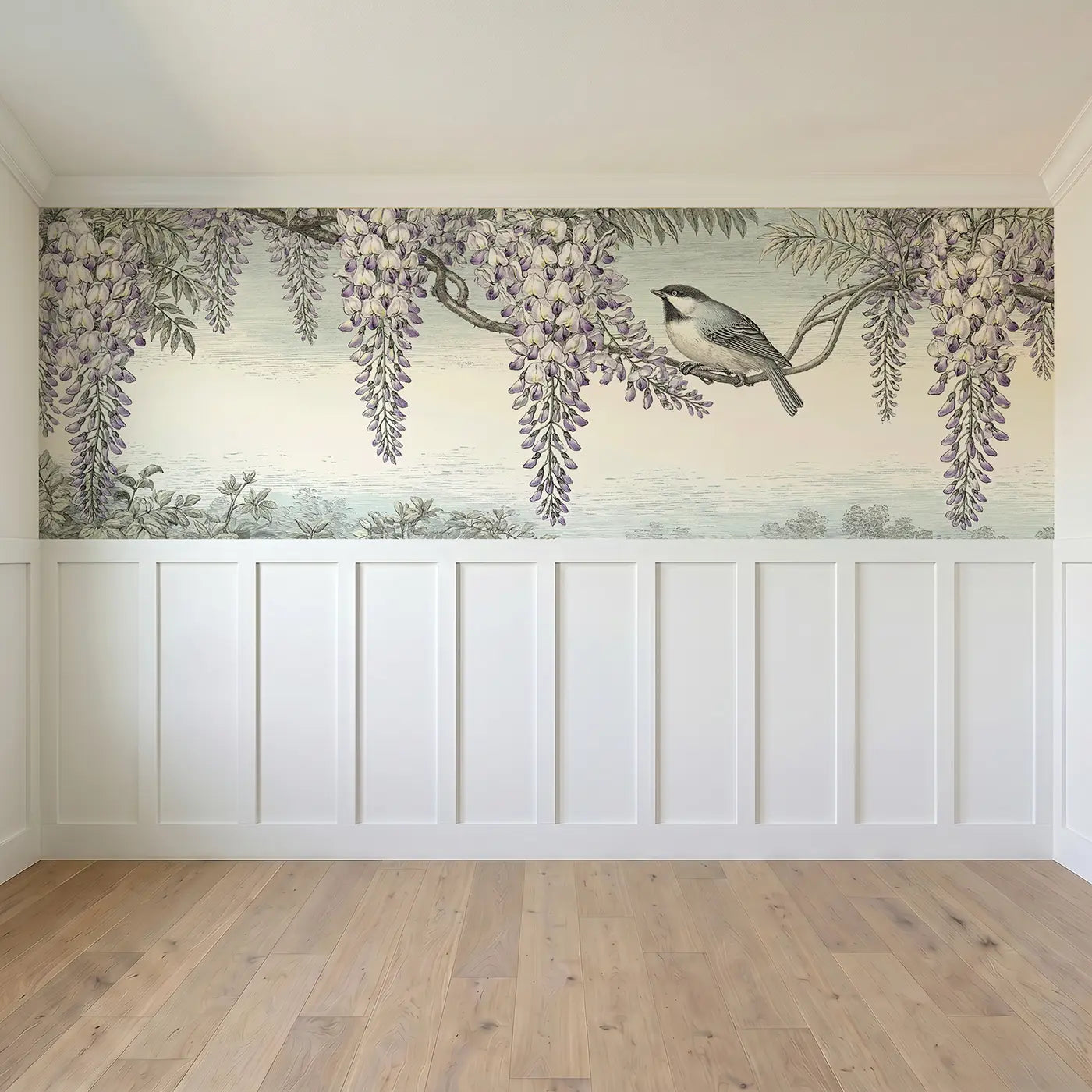 Full panel view of Trailing Wisteria Songbird Wainscoting Wallpaper by Whimsy Tots