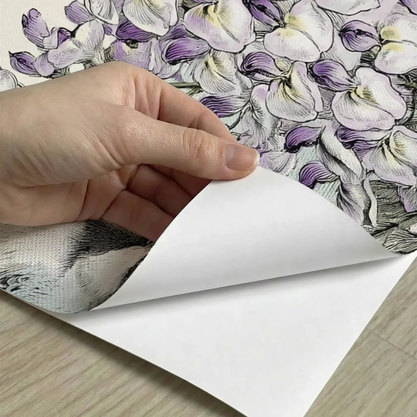 Peel-and-stick detail of Trailing Wisteria Songbird Wainscoting Wallpaper by Whimsy Tots