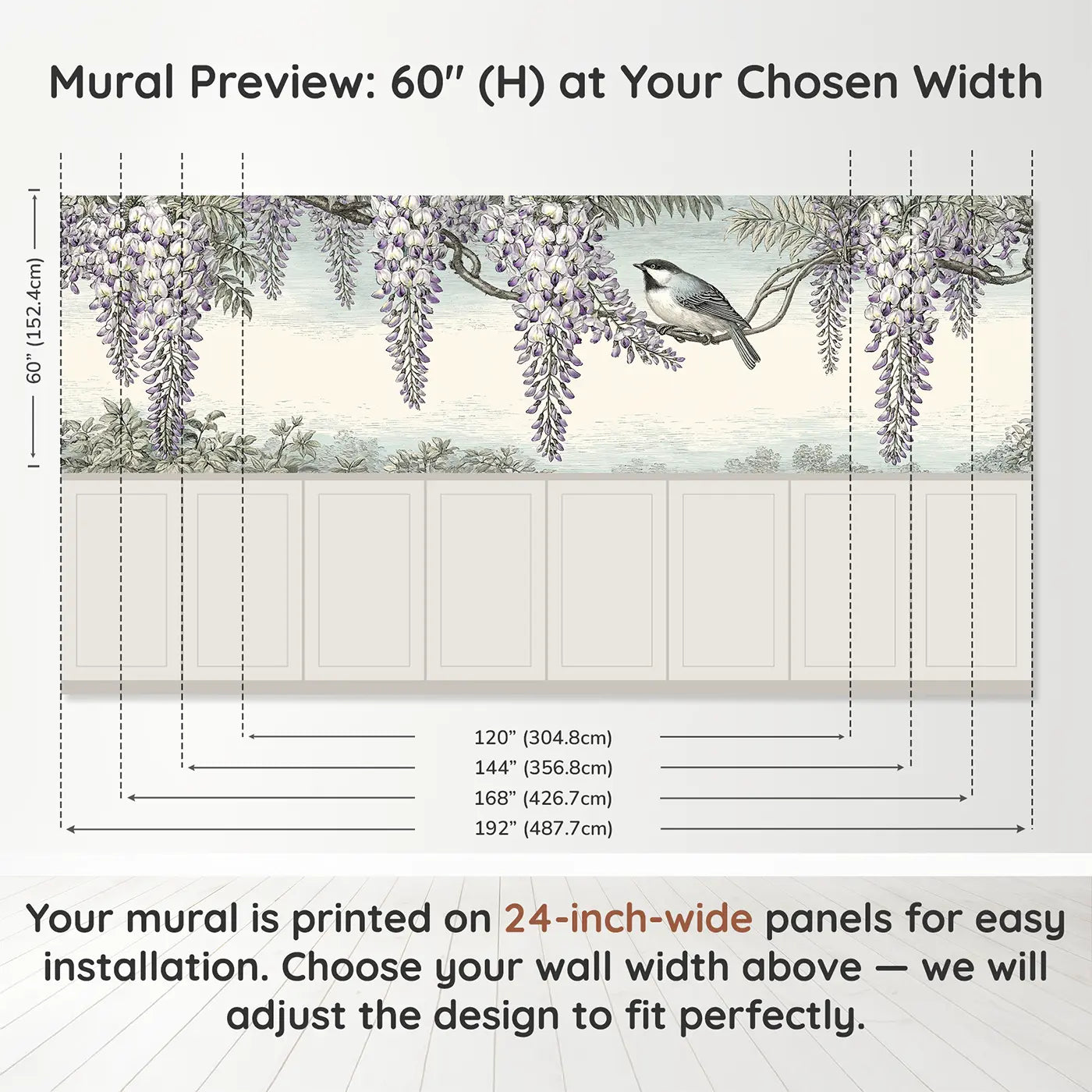 Panel dimensions for Trailing Wisteria Songbird Wainscoting Wallpaper by Whimsy Tots