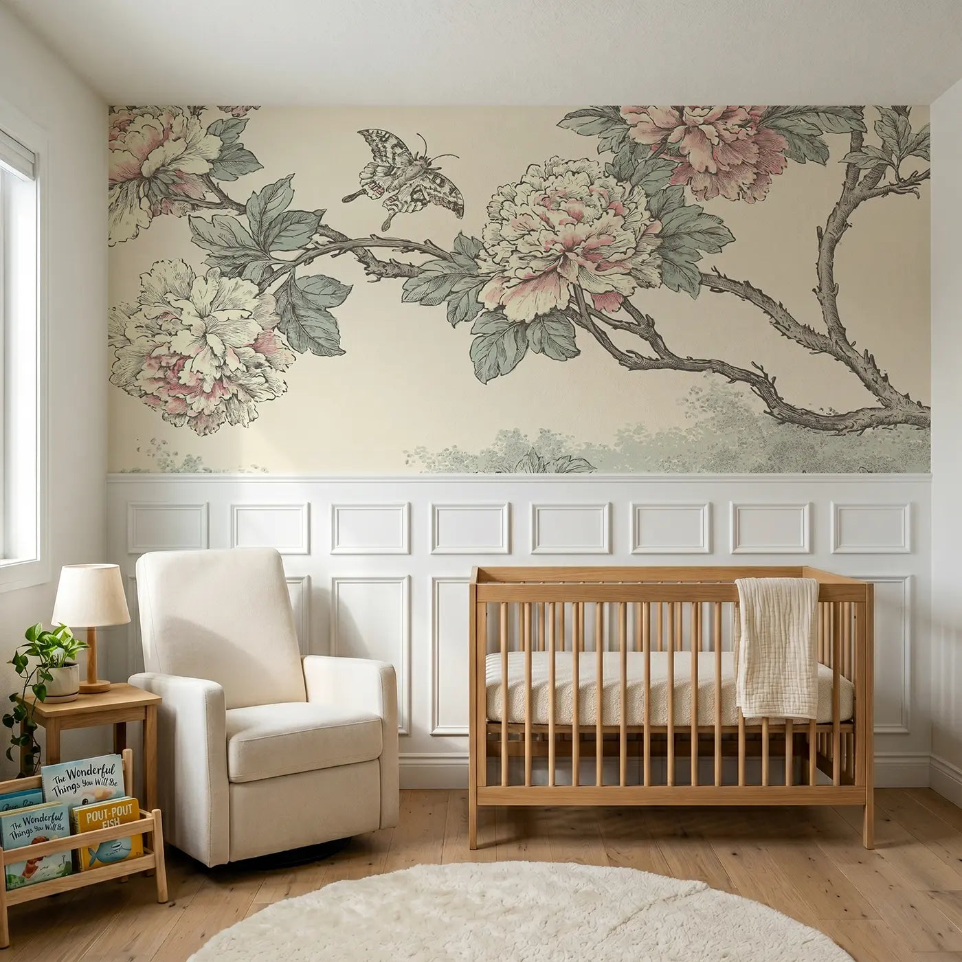 Botanical Elegance peony branch butterfly toile wainscoting wallpaper for nursery by Whimsy Tots