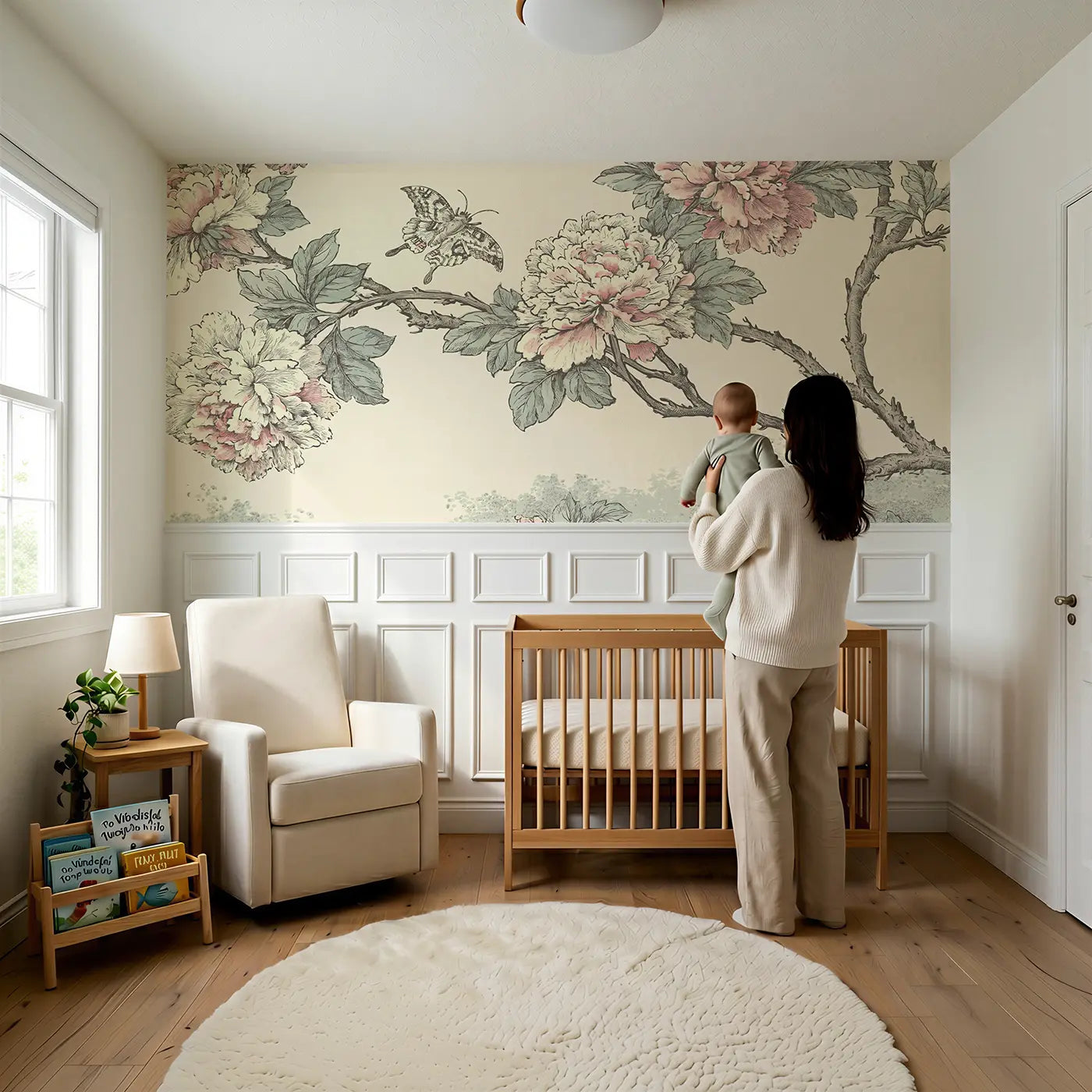 Child reading near Peony Branch Butterfly Toile Wainscoting Wallpaper by Whimsy Tots