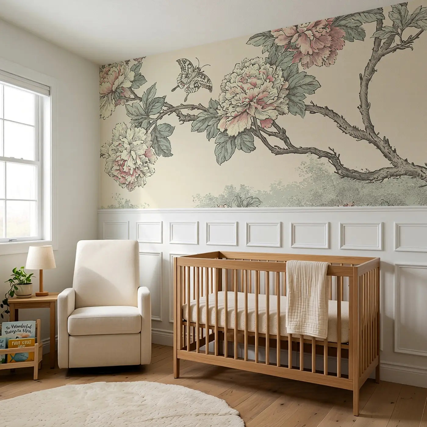 Peony Branch Butterfly Toile Wainscoting Wallpaper styled in a kids bedroom by Whimsy Tots