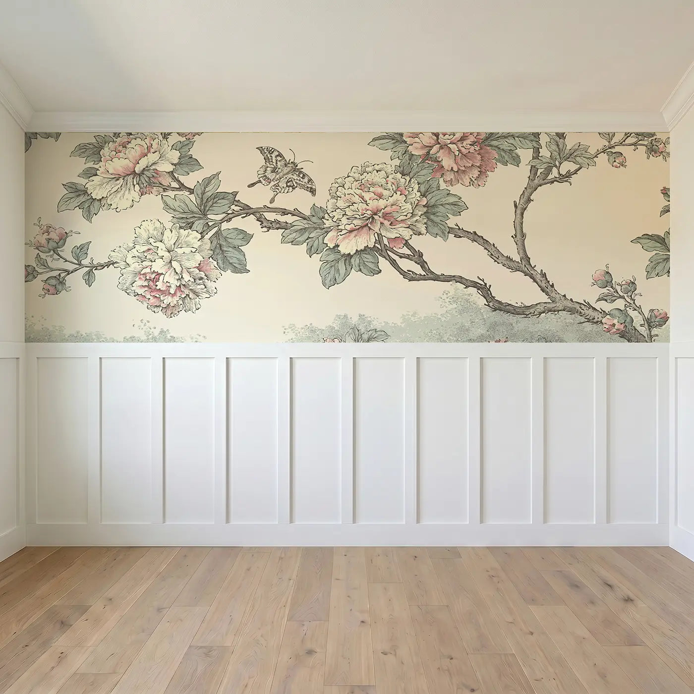 Full panel view of Peony Branch Butterfly Toile Wainscoting Wallpaper by Whimsy Tots