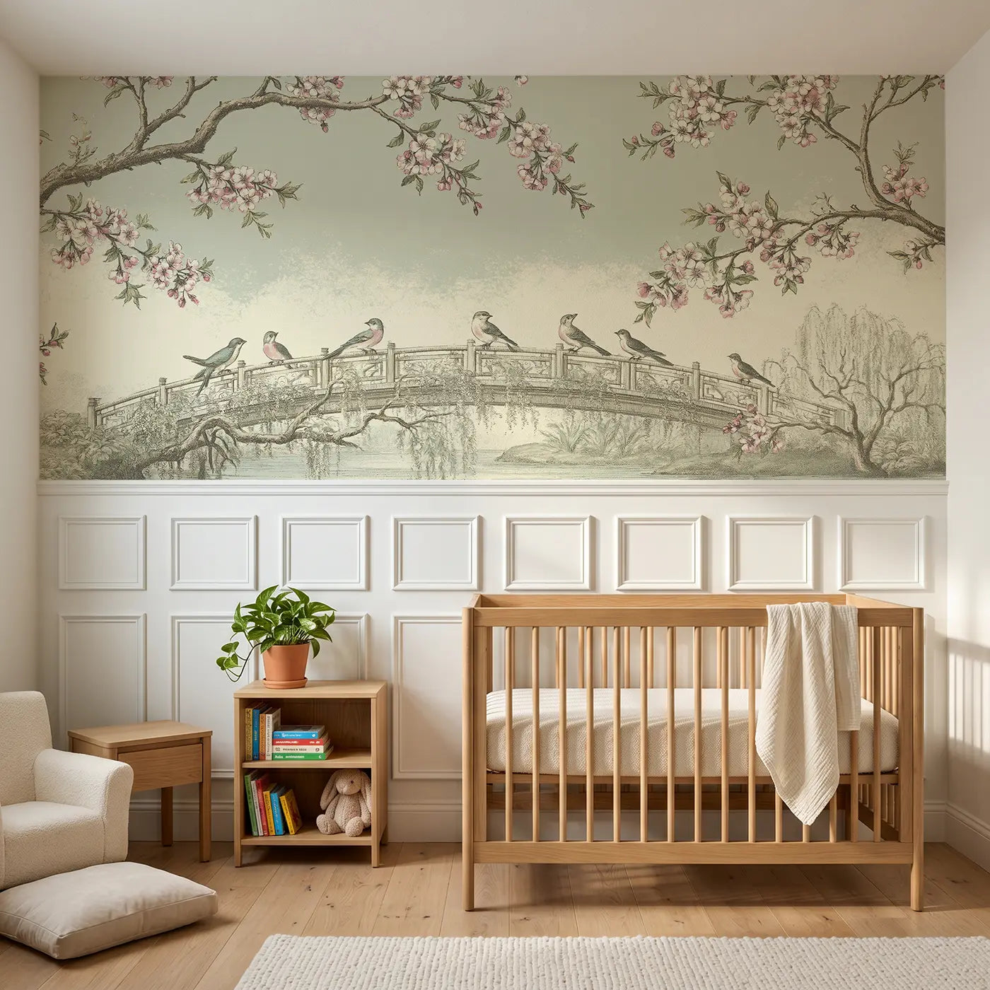 Botanical Elegance cherry blossom garden bridge wainscoting wallpaper for nursery by Whimsy Tots