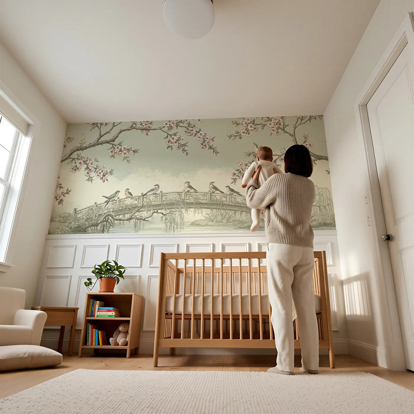 Child reading near Cherry Blossom Garden Bridge Wainscoting Wallpaper by Whimsy Tots