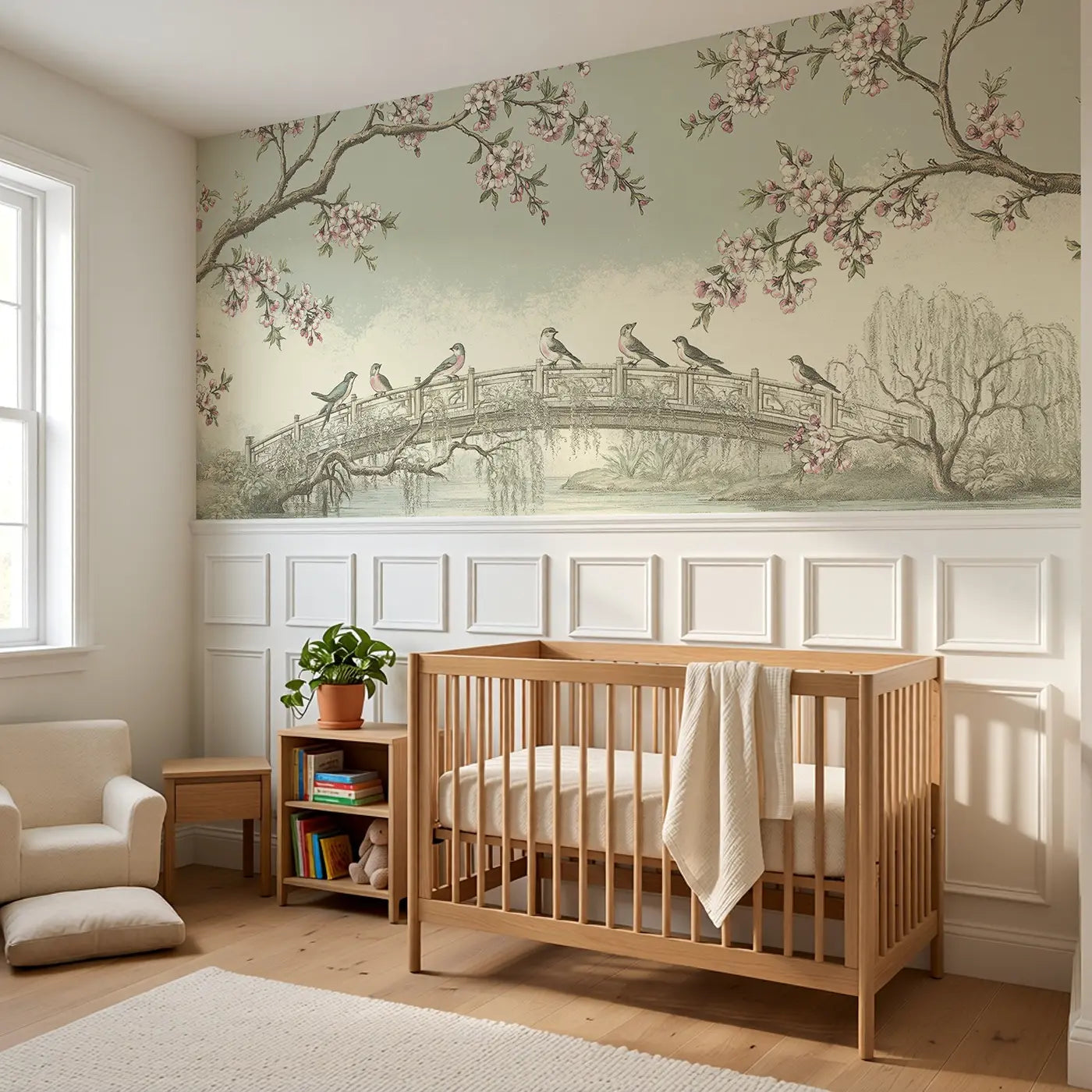 Cherry Blossom Garden Bridge Wainscoting Wallpaper styled in a kids bedroom by Whimsy Tots