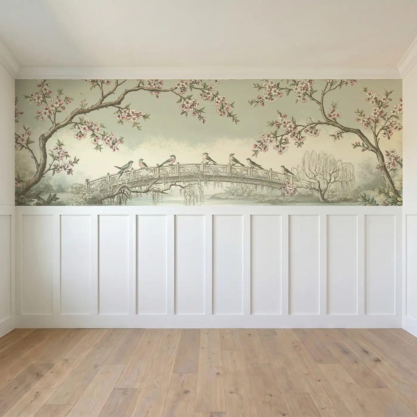 Full panel view of Cherry Blossom Garden Bridge Wainscoting Wallpaper by Whimsy Tots