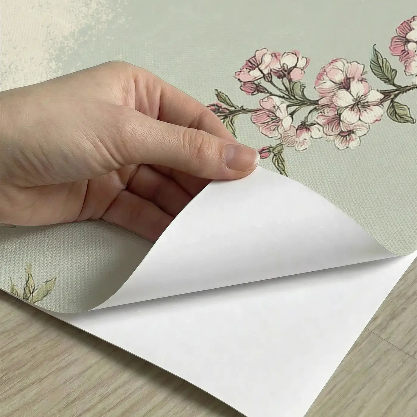 Peel-and-stick detail of Cherry Blossom Garden Bridge Wainscoting Wallpaper by Whimsy Tots
