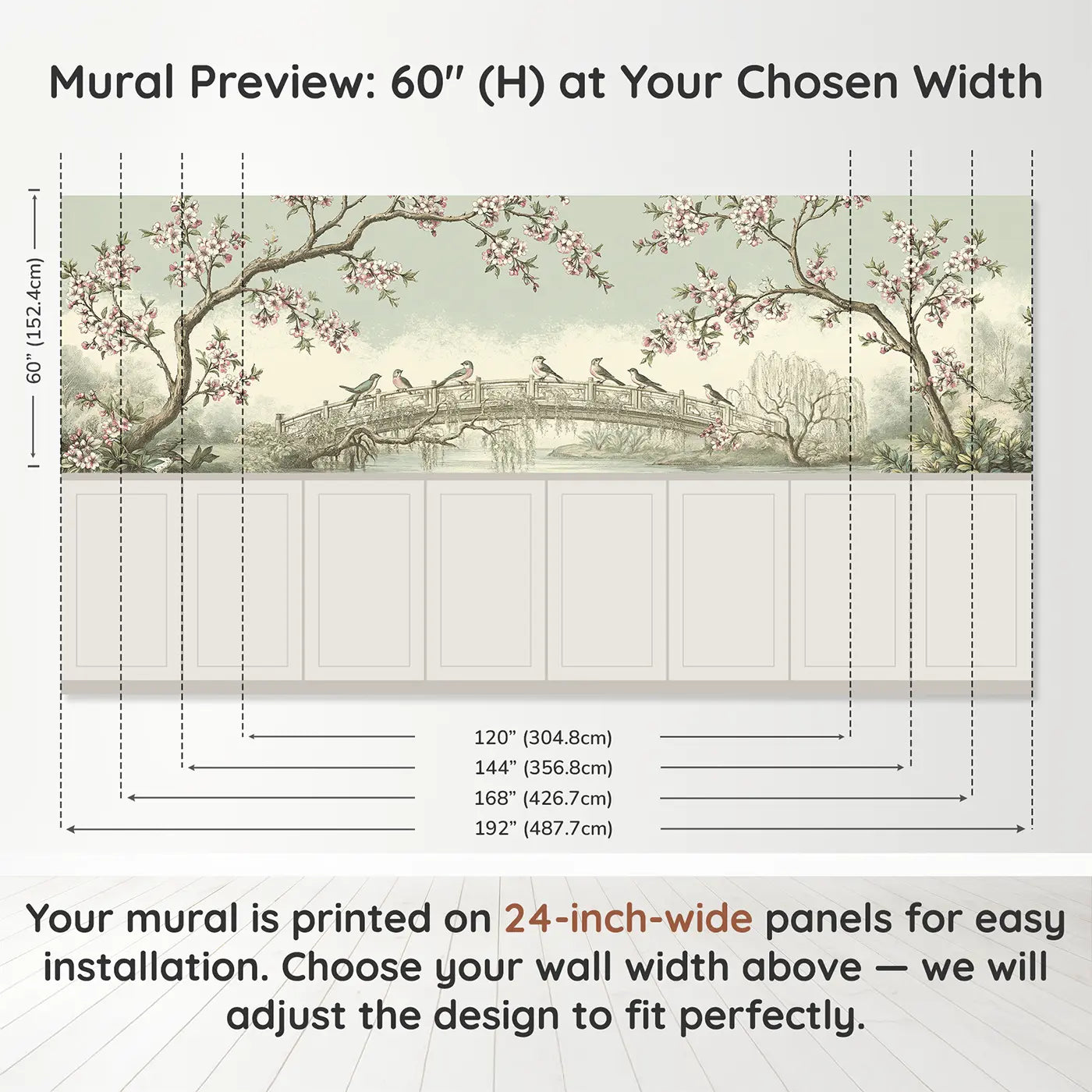 Panel dimensions for Cherry Blossom Garden Bridge Wainscoting Wallpaper by Whimsy Tots