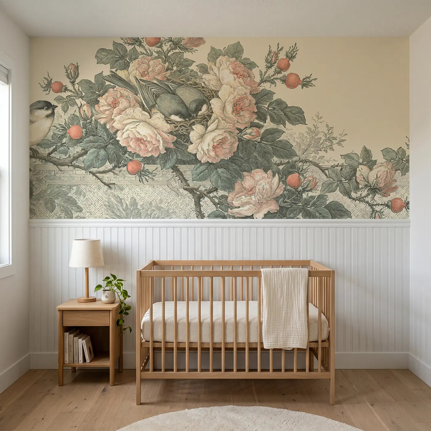 Botanical Elegance rose vine lattice wainscoting wallpaper for nursery by Whimsy Tots