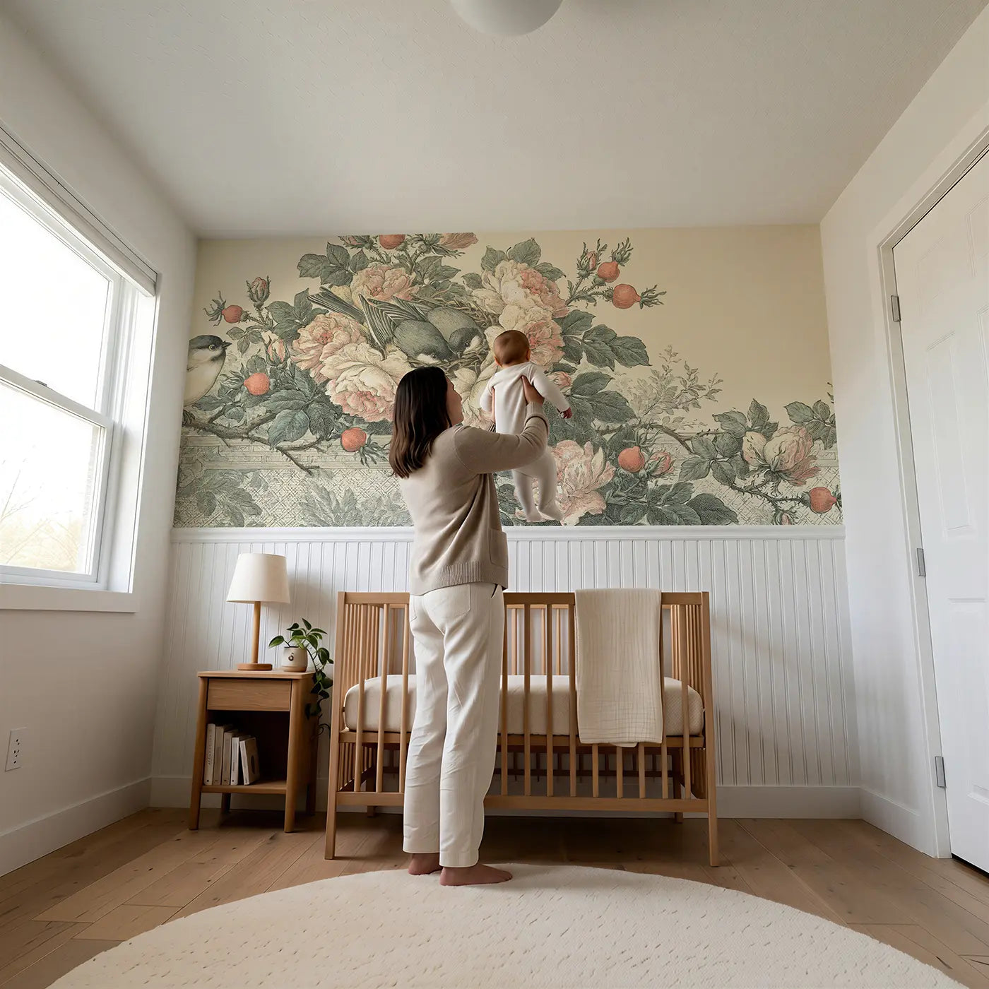 Child reading near Rose Vine Lattice Elegance Wainscoting Wallpaper by Whimsy Tots