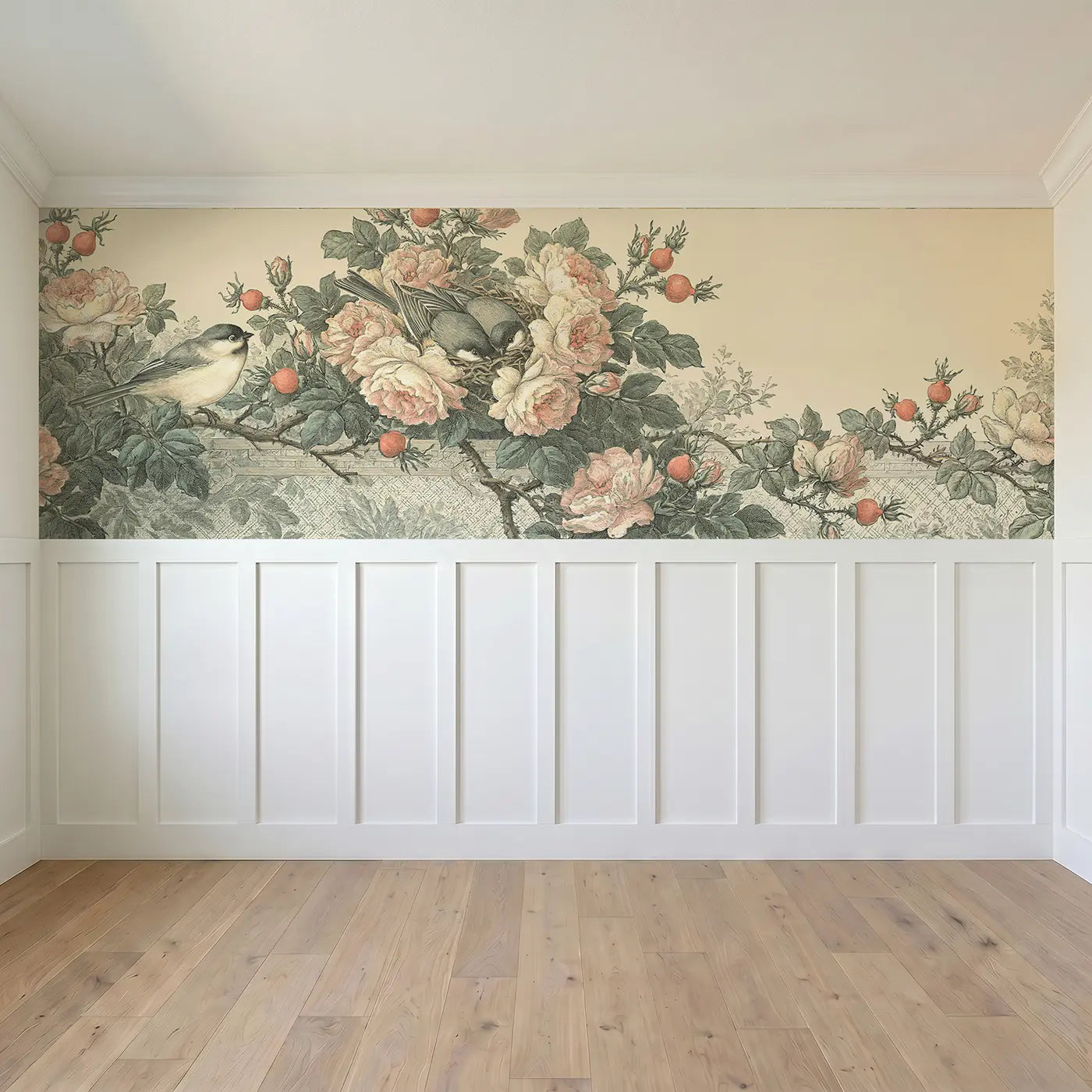 Full panel view of Rose Vine Lattice Elegance Wainscoting Wallpaper by Whimsy Tots