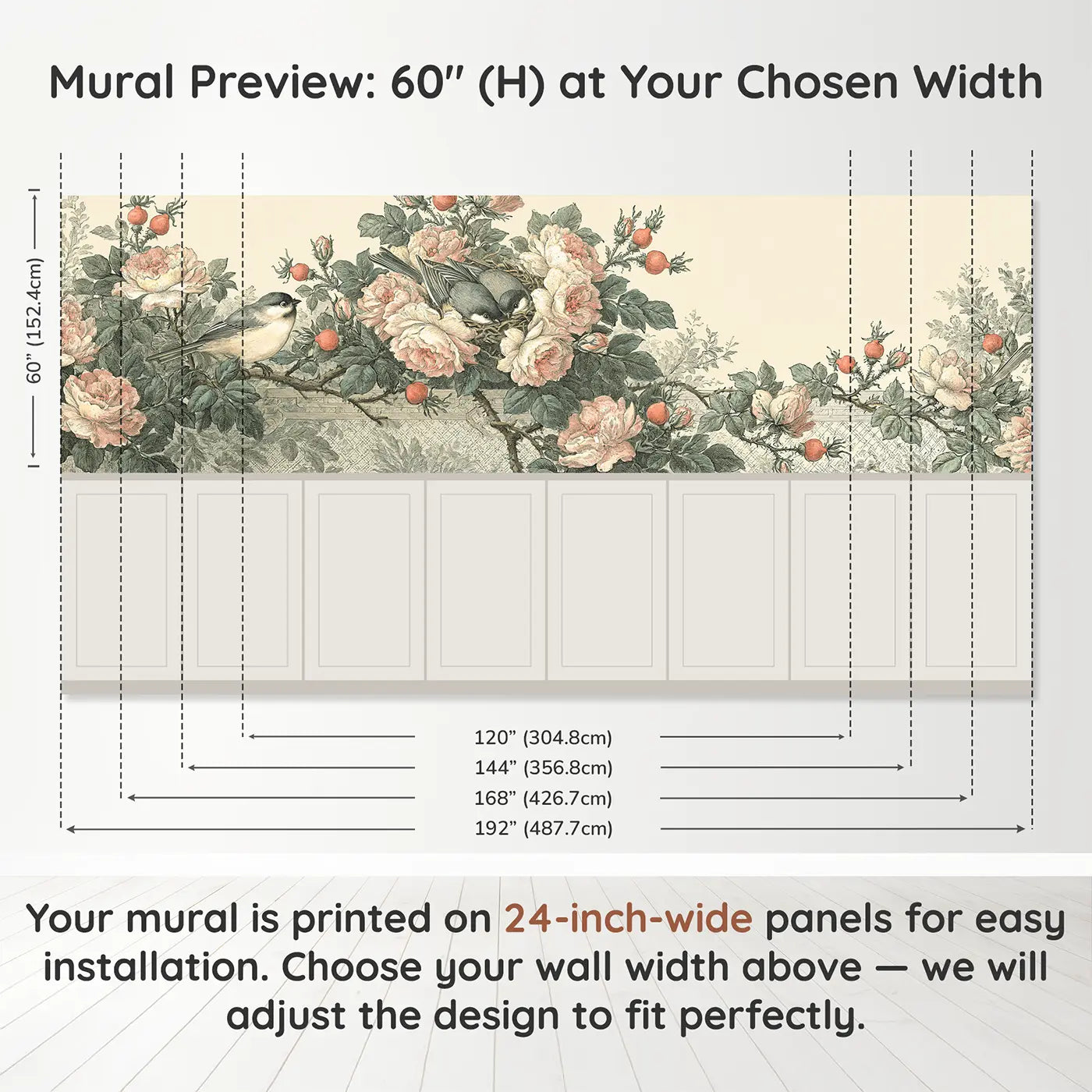 Panel dimensions for Rose Vine Lattice Elegance Wainscoting Wallpaper by Whimsy Tots