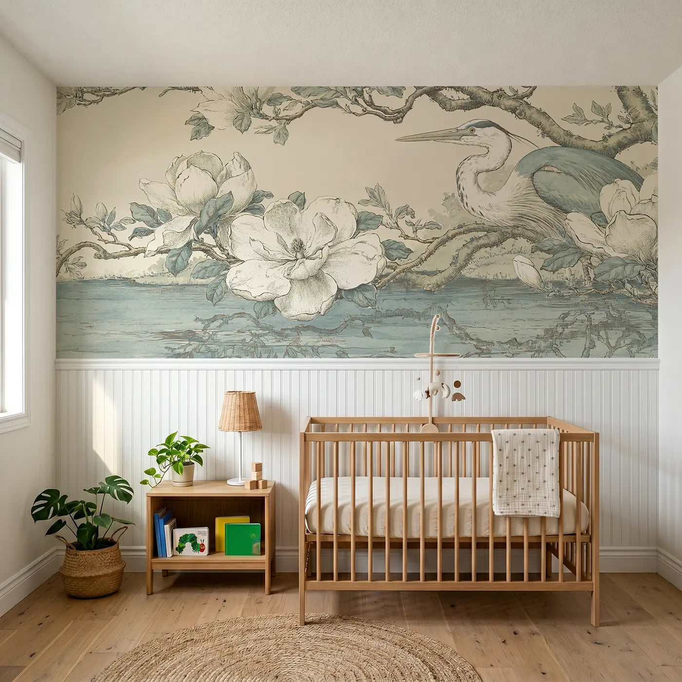 Botanical Elegance magnolia heron lake wainscoting wallpaper for nursery by Whimsy Tots