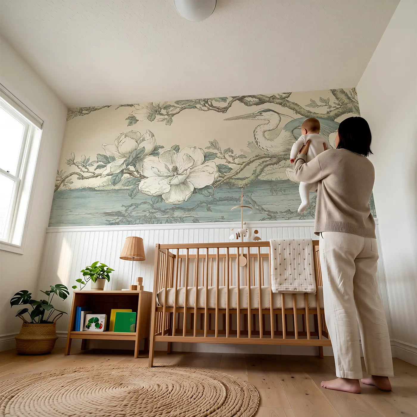Child reading near Magnolia Heron Lake Wainscoting Wallpaper by Whimsy Tots