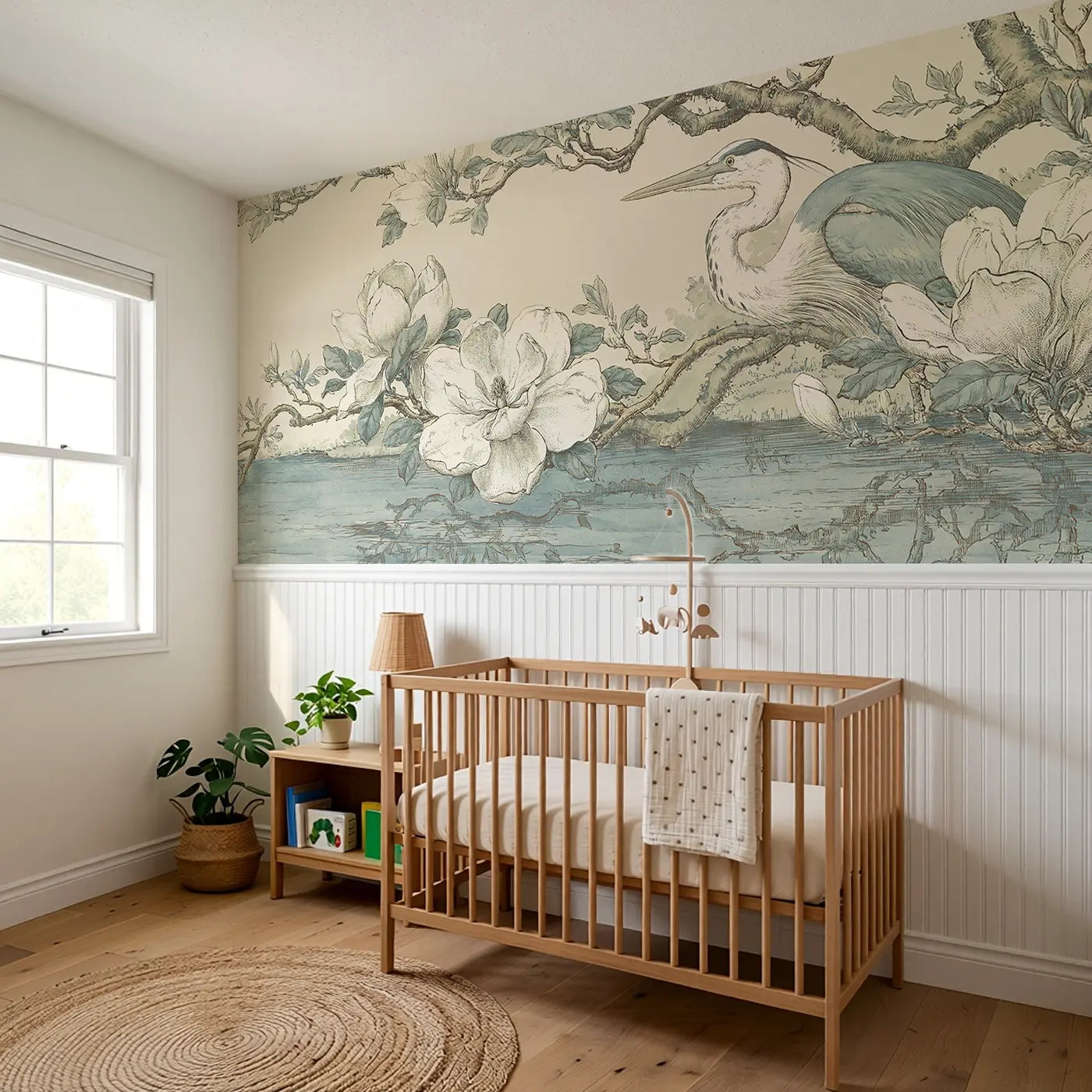 Magnolia Heron Lake Wainscoting Wallpaper styled in a kids bedroom by Whimsy Tots