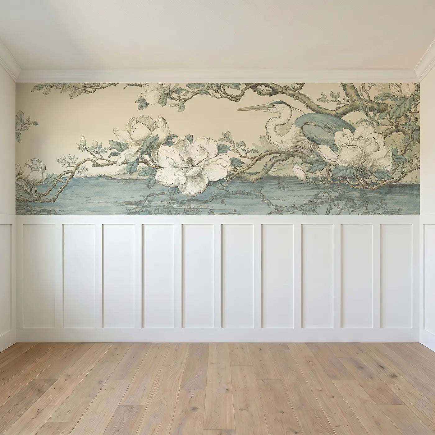 Full panel view of Magnolia Heron Lake Wainscoting Wallpaper by Whimsy Tots