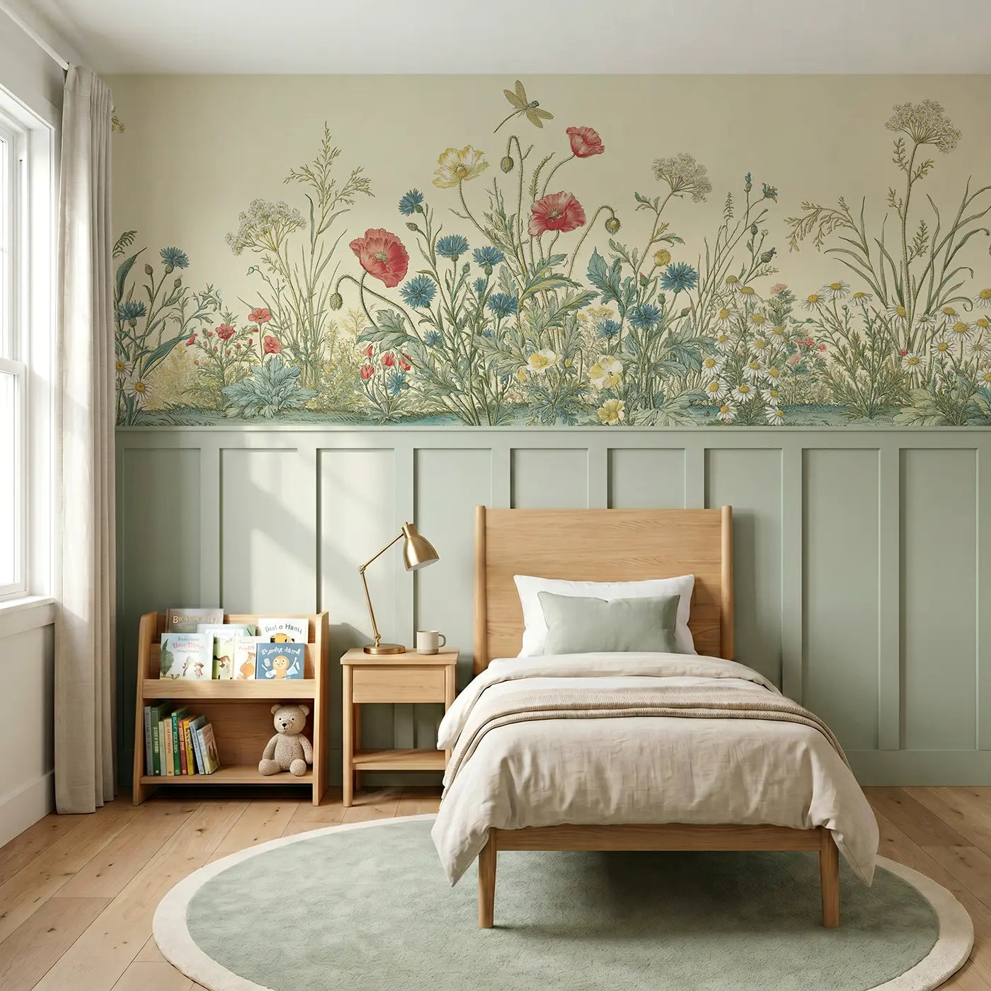 Botanical Elegance wildflower meadow toile wainscoting wallpaper for bedroom by Whimsy Tots