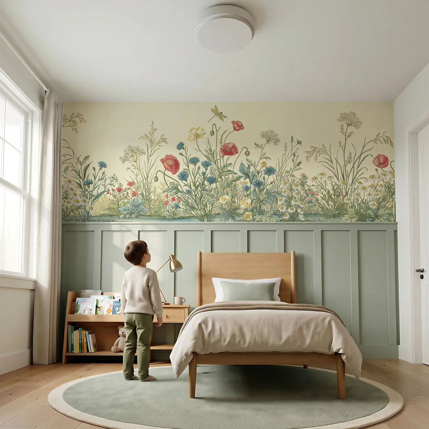 Child reading near Wildflower Meadow Toile Wainscoting Wallpaper by Whimsy Tots