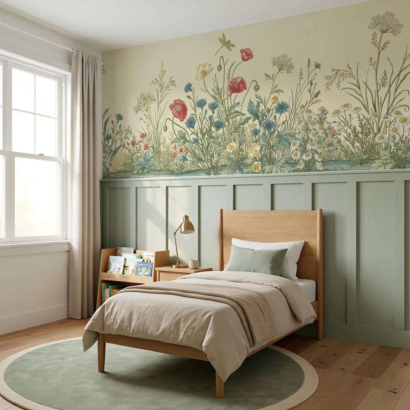 Wildflower Meadow Toile Wainscoting Wallpaper styled in a kids bedroom by Whimsy Tots