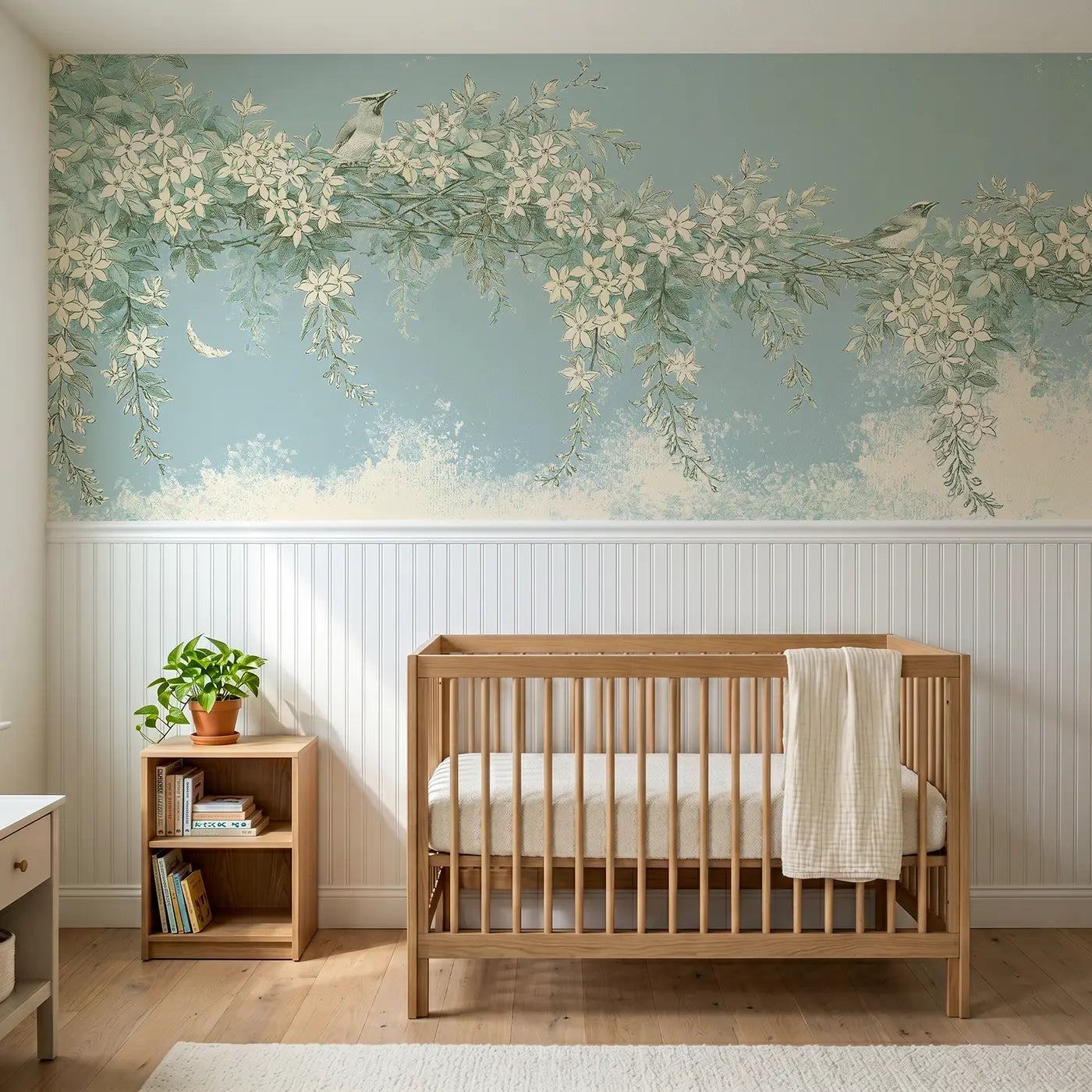 Botanical Elegance jasmine trellis moonlight wainscoting wallpaper for nursery by Whimsy Tots