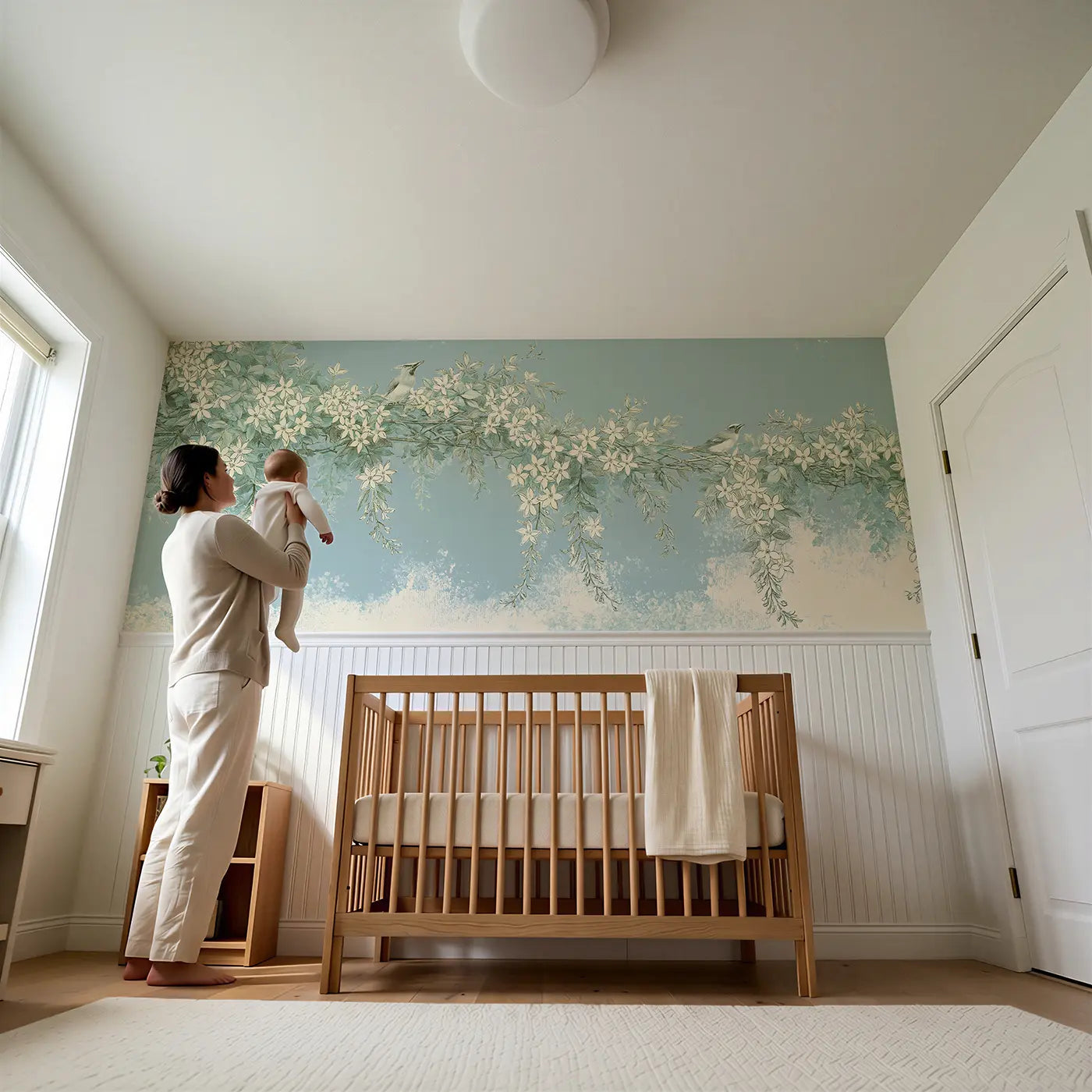 Child reading near Jasmine Trellis Moonlight Wainscoting Wallpaper by Whimsy Tots