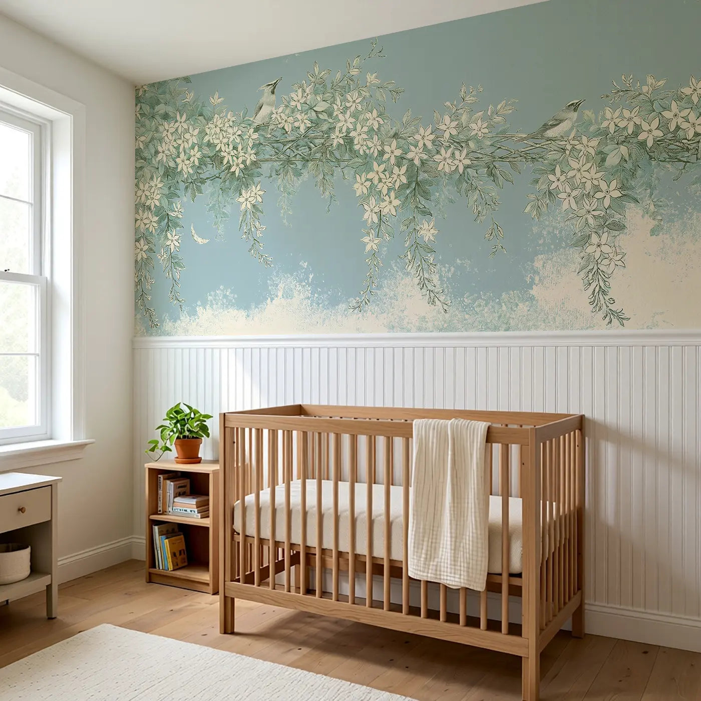 Jasmine Trellis Moonlight Wainscoting Wallpaper styled in a kids bedroom by Whimsy Tots