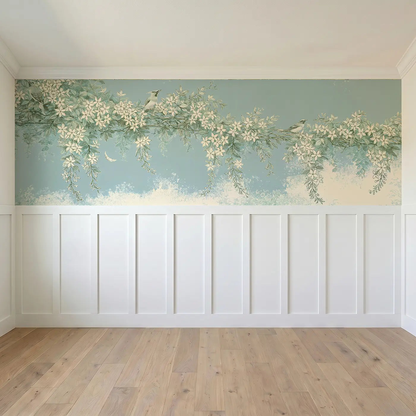 Full panel view of Jasmine Trellis Moonlight Wainscoting Wallpaper by Whimsy Tots