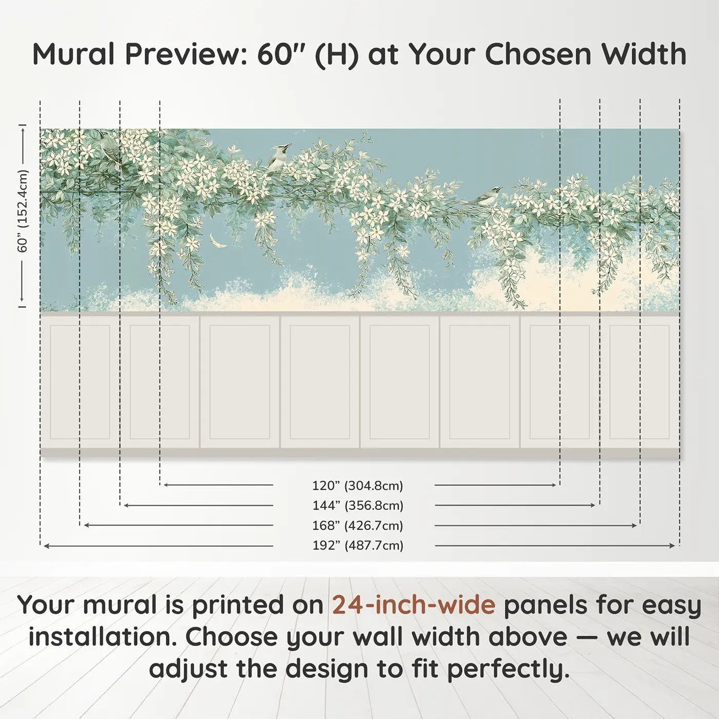 Panel dimensions for Jasmine Trellis Moonlight Wainscoting Wallpaper by Whimsy Tots