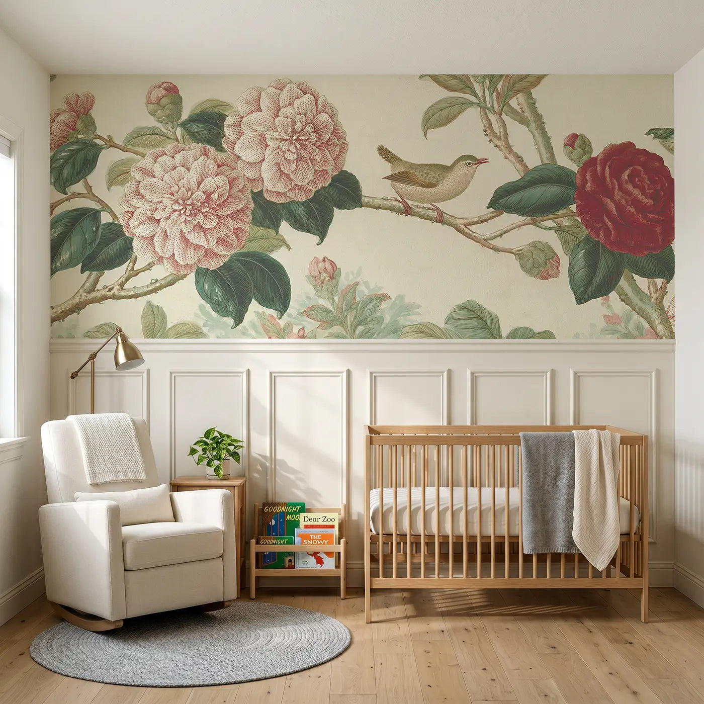 Botanical Elegance camellia branch winter garden wainscoting wallpaper for nursery by Whimsy Tots