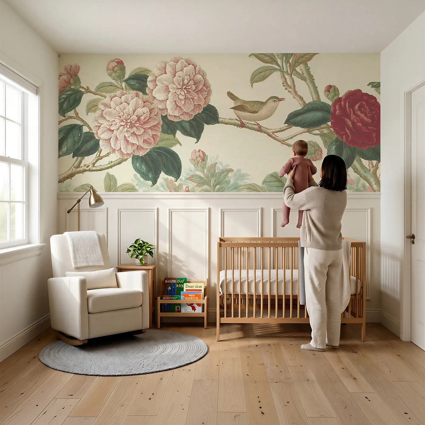 Child reading near Camellia Branch Winter Garden Wainscoting Wallpaper by Whimsy Tots