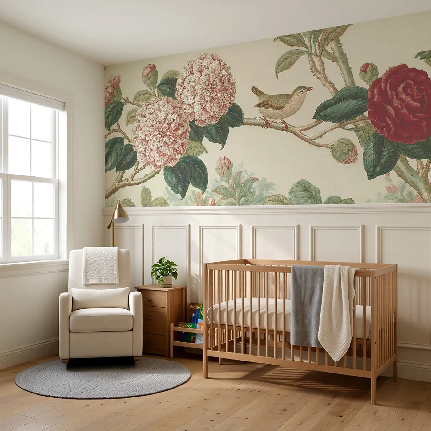 Camellia Branch Winter Garden Wainscoting Wallpaper styled in a kids bedroom by Whimsy Tots