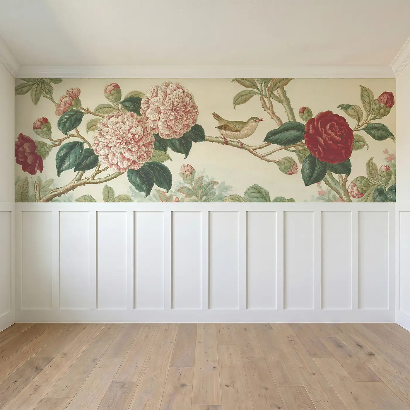 Full panel view of Camellia Branch Winter Garden Wainscoting Wallpaper by Whimsy Tots