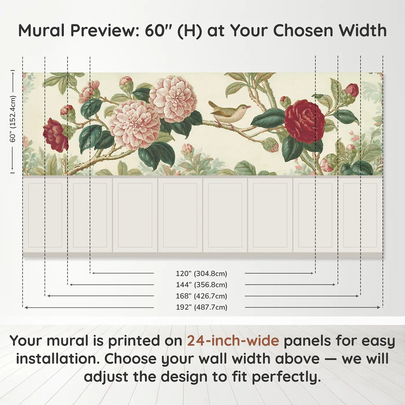 Panel dimensions for Camellia Branch Winter Garden Wainscoting Wallpaper by Whimsy Tots